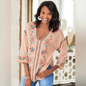 Soft Surroundings Palm Island Embroidered Tunic Top Small Peach Boho Artsy